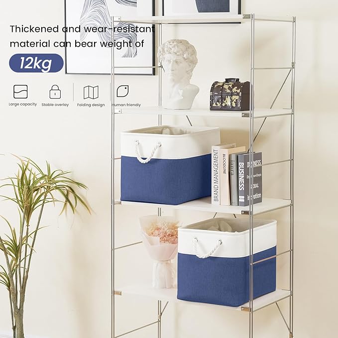 VQRTEXA Large Storage Baskets- 16x12x12 inch Storage Bins for Shelves and Closet Organizing, Foldable Fabric Bin for Home Organization Clothes and Laundry (1-Pack, White&Blue)