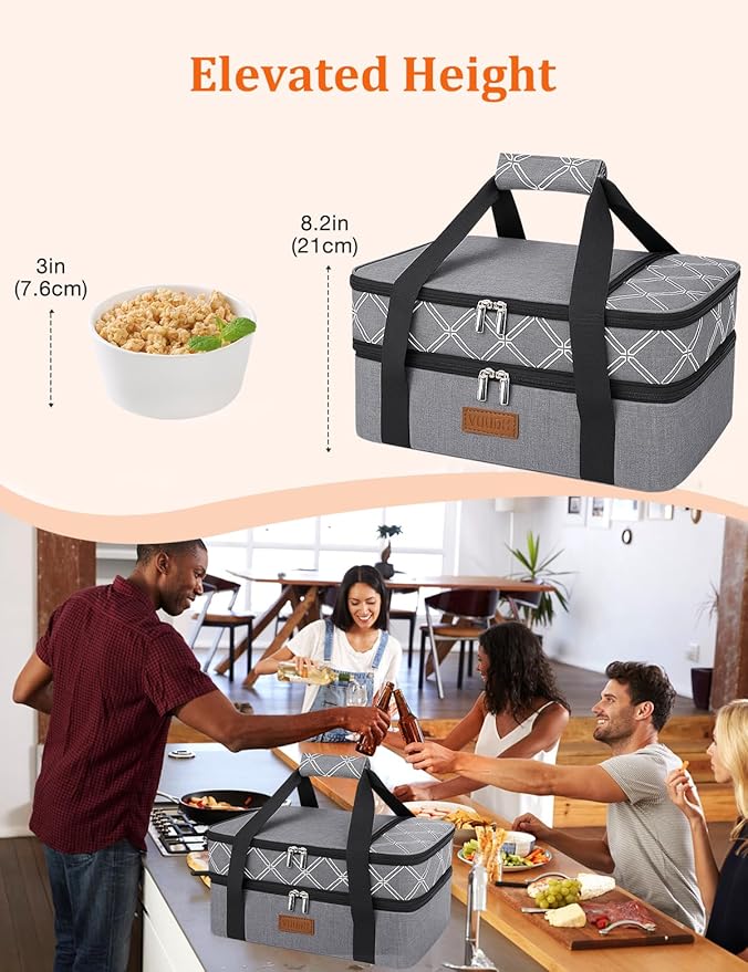 Vuudh Expandable Casserole Carrier Bag, Double Deckered Insulated Food Bag for 2 Dishes, Hot Cold Lasagna Holder Tote for Picnic, Potluck, Travel