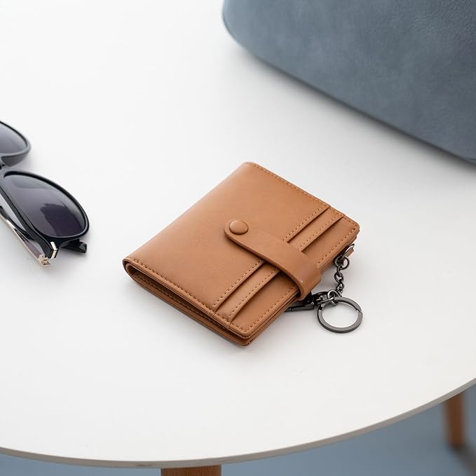 Alldaily Slim Keychain Wallet for Women, RFID Blocking Small Bifold Travel Credit Card Holder (Brown)