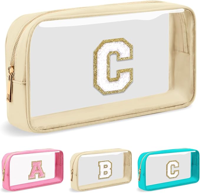 Personalized Initial Letter Clear Makeup Bag, Preppy Small Nylon & PVC Cosmetic Zipper Bag with Chenille Letter, Portable Beach Travel Skincare Toiletry Bag, Trendy Monogram Gift for Teen Girls Women, C