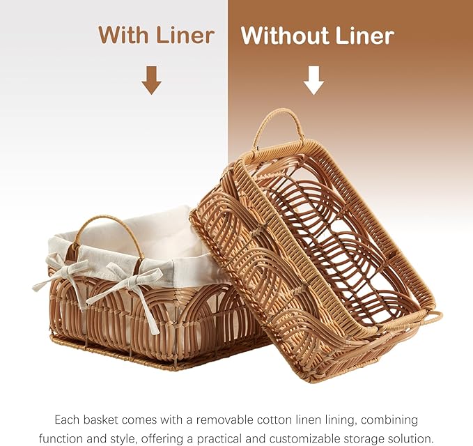 VinneGenzz 2PCS Plastic Wicker Storage Baskets Set Decorative Bohemian Handmade Woven Bathroom Boxes Bins Shelf Closet Cloth Toilet Paper Container Laundry Organizer with Handles Removable Liner