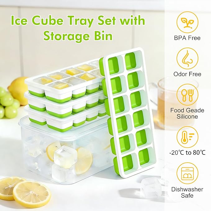 NFK Ice Cube Tray with Lid & Bin - 4 Pack 48 Cubes Stackable Silicone Trays for Freezer with Storage Container, Leak-Proof Lids, BPA-Free, Easy Release for Kitchen, RV, Party, Cocktail & Coffee