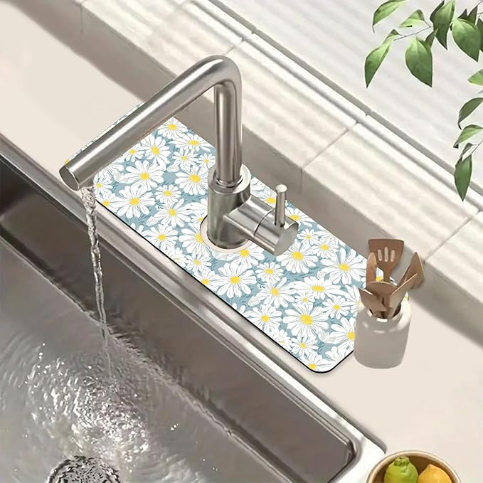 White Flower Sink Splash Guard Cute Chamomile Faucet Absorbing Mat Fast Drying Mat Sink Gadgets Splash Guard Behind Faucet Drip Catcher for Kitchen Bathroom, 15.5"x5.5"