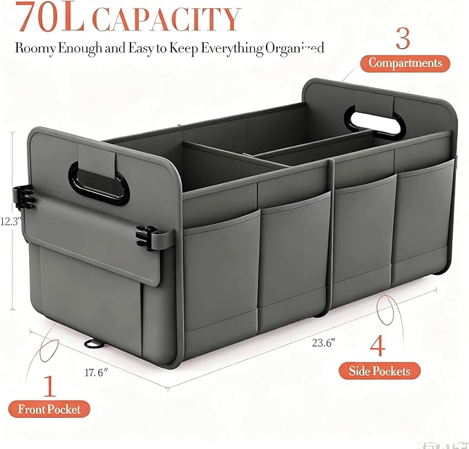Trunk Organizer SUV, Car Organizers and Storage, NOT-FLIMSY ANTI-SLIDE 70L Spacious Collapsible Sturdy Trunk Organizer for Grocery/Car Accessories/Women Men's Gift, Gray