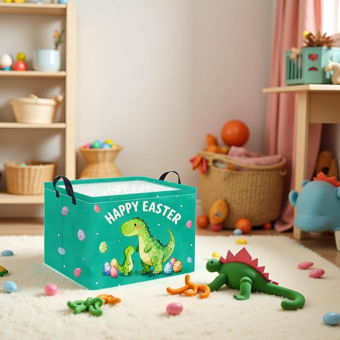 Rectangular Easter Basket Baby Storage Basket with Handles for Home Kitchen Boys and Girls Cute Storage Bin Organizer Shelf Book Room Decor(Green Dinosaur)