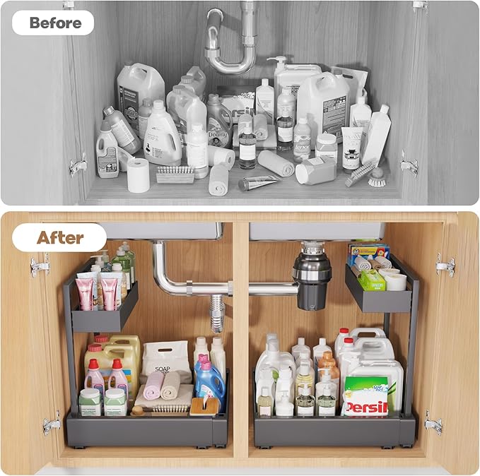1-Pack L-Shape Expandable Under Sink Organizer with 3 Ball-Bearing Slide Rails, 2-Tier Pull-Out Under Cabinet Storage Shelf for Kitchen & Bathroom, Height-Adjustable Slide-Out Cabinet Drawer - Black