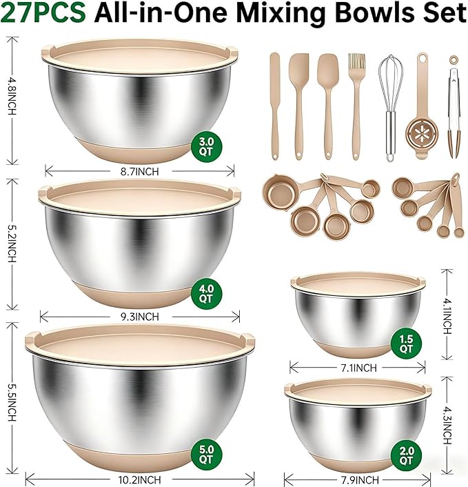 Deedro Premium Mixing Bowls with Airtight Lids Set, 22Pcs Thicker Stainless Steel Mixing Bowl Set, Large Prep Metal Bowls, Non-Slip Silicone Base Nesting Bowls for Kitchen, 1.5/2/3/4/5 QT, Khaki