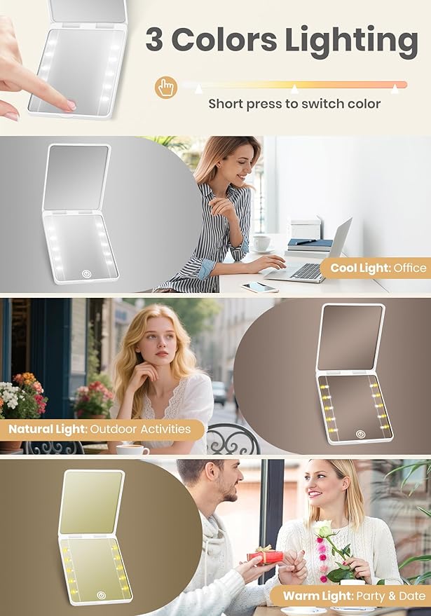 Compact Mirror, Rechargeable 30X Magnifying Mirror with 3 Lighting Modes & Dimmable Brightness, Portable Travel Makeup Mirror with Light, Essentials for Travel, Pocket, Purse, Gifts for Women White