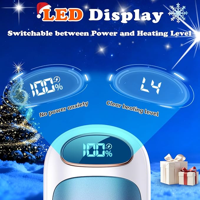 Rechargeable Hand Warmer 2 Pack, LED Display & 4 Levels, Ultrathin Electric Hand Warmers Portable USB Pocket Heater Fits Gloves for Hunting Essentials, Camping, Raynauds, Gifts for Christmas