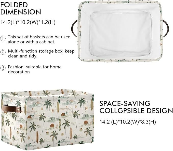 Aslsiy Storage Basket Hawaii Palm Surf Nursery Bins Brown Baby Box Canvas Clothes Shelf Basket Laundry Hamper Gift Baskets for Home Closet 2 Pcs