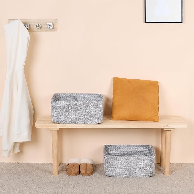 MiniArk Large Storage Baskets for Shelves, Closet Organizers Bins for Clothes Blanket Towels, Baby Nursery, Toy Baskets Box, Woven Rope Baskets, 17 x 13 x 7.5”, 2 Packs Mixed Grey