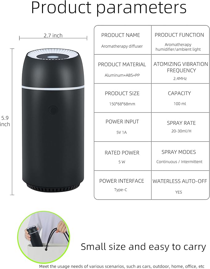 Car Diffuser for Essential Oils Portable Mini Ultrasonic Mist Humidifier 100ml USB Aromatherapy Diffuser Freshener with Colorful Lights for Small Space Home Office Bedroom (Black)