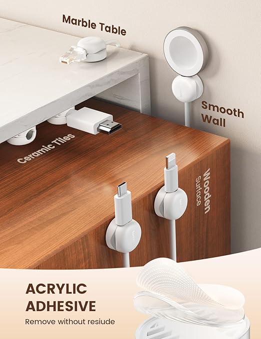 Lamicall Cord Organizer, Spring Cable Management Clips - 6-Pack Compact Desk Cable Holder Clips, Nightstand Phone Charging Cord Holder, Halloween Adhesive Wire Organizer, Office Accessory, White