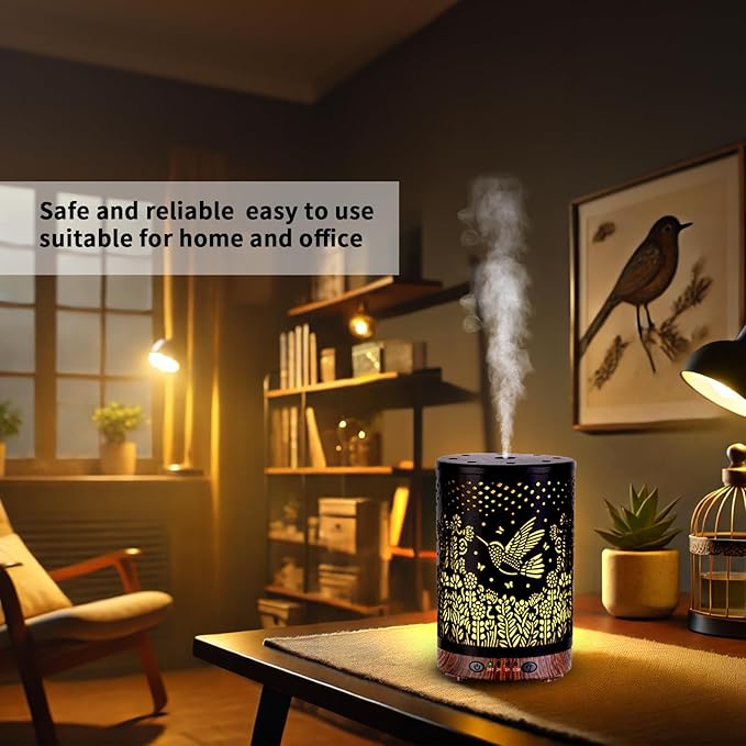 Essential Oil Diffuser 120ML Metal Aromatherapy Diffuser, Cool Mist Humidifier with Auto Shut-Off Protection 7 Color Lights for Home Office Spa (Bird)