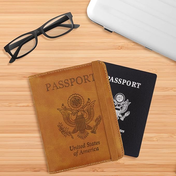 WALNEW Passport Holder for Travel, RFID Passport Cover Wallet for Women Men, PU Leather Passport Book Card Holder Case with Pen, Travelling Essentials for Flying