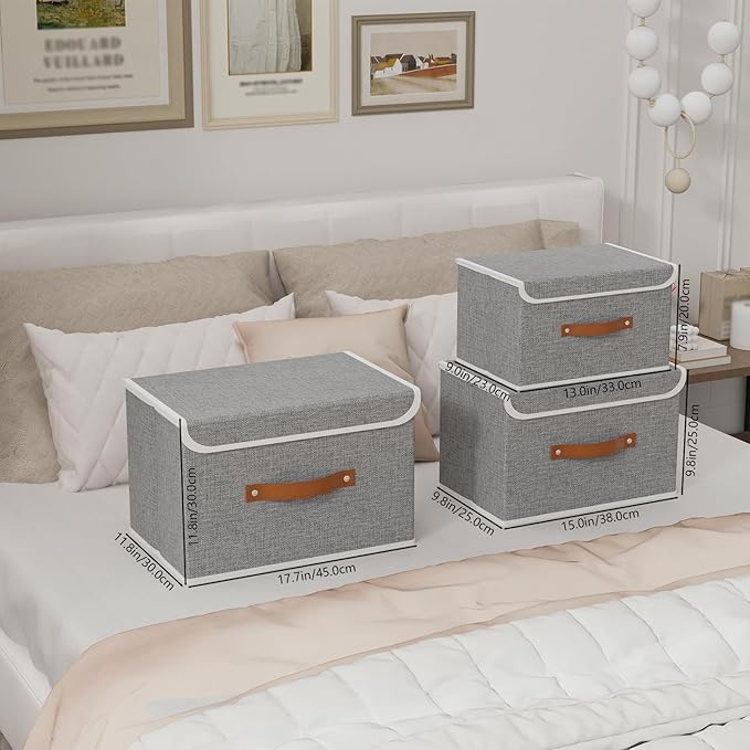 Yawinhe Collapsible Storage Boxes, Foldable Bin with Lids, Cube Clothes Organizer Basket with Handles, Grey, 13.0''L x 9.0''W x 7.9''H, 3-Pack, SNK024GS-3