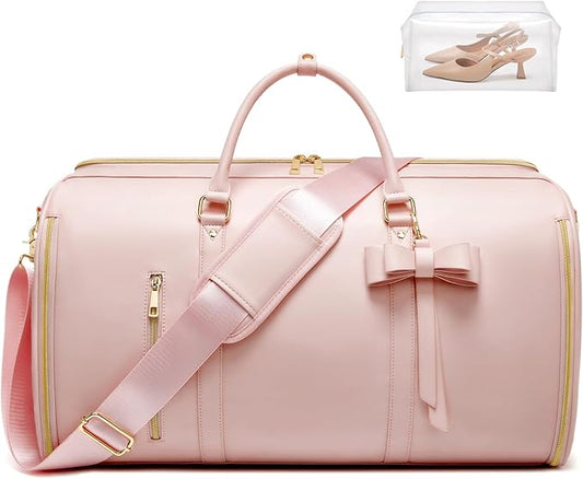 Garment Bags for Travel, Convertible Suit Travel Bag for Women, Fashion & Cute Carry On Garment Bag with Shoe Pouch, 2-in-1 Foldable PU Leather Hanging Duffle Bag, Single-Zipper Design, Pink