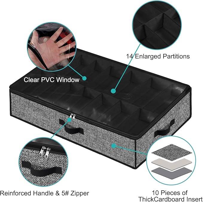 Under Bed Shoe Storage Organizer for Closet, 2 Pack - Fits 28 Pairs, Underbed Shoe Container Boxes with 2 Sturdy Handles and Clear Window, Black