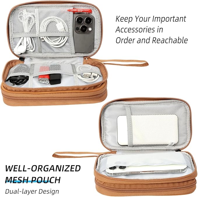 Universal Electronics Accessories Carrying Case, Electronic Cable Organizer Bag, Travel Cable Accessories Bag Pouch for Cable, USB, Cord, Charger, Phone, Power Bank, Earphone (Brown, Large)