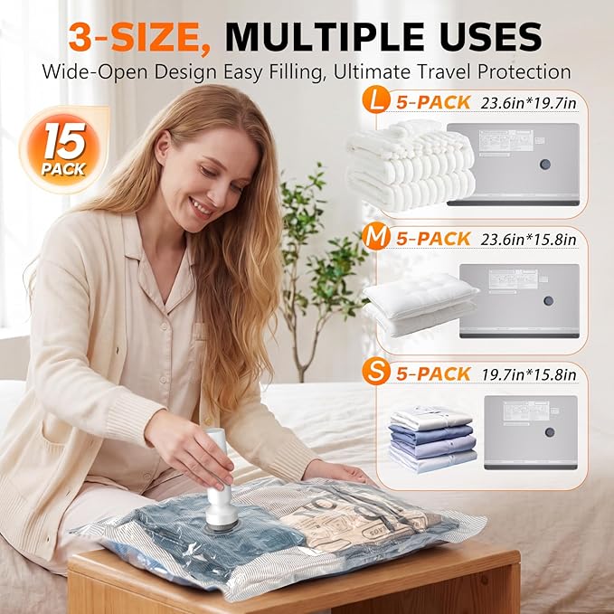 15 Pack Vacuum Storage Bags for Travel with Rechargeable Cordless Pump, Space Saver Bags for Clothes, Compression Packing Bags for Luggage and Suitcase, 15 Combo Size
