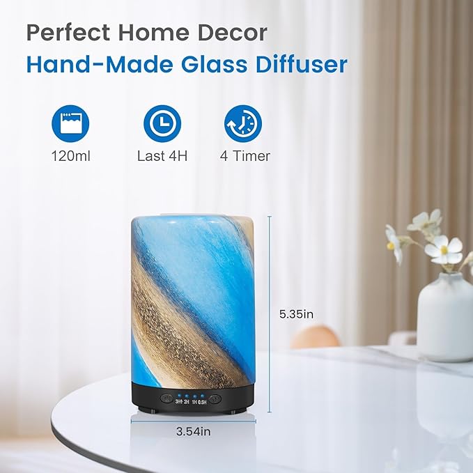 Essential Oil Diffuser, 120 ml Glass Aromatherapy Diffuser with 7 Color Lights, Auto Shut-Off and 4 Timer Settings, Ultrasonic Cool Mist Diffuser for Home Room Office (Galaxy Mist)