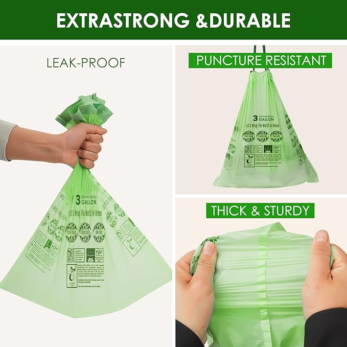 3 Gallon Compostable Trash Bags with Drawstring, Heavy Duty Extra Thick 1 Mil, 11.36 Liter, 50 Bags, Small Kitchen Food Scrap Waste Bag, US BPI and OK Compost Home Certified(3 Gallon 50 Count)