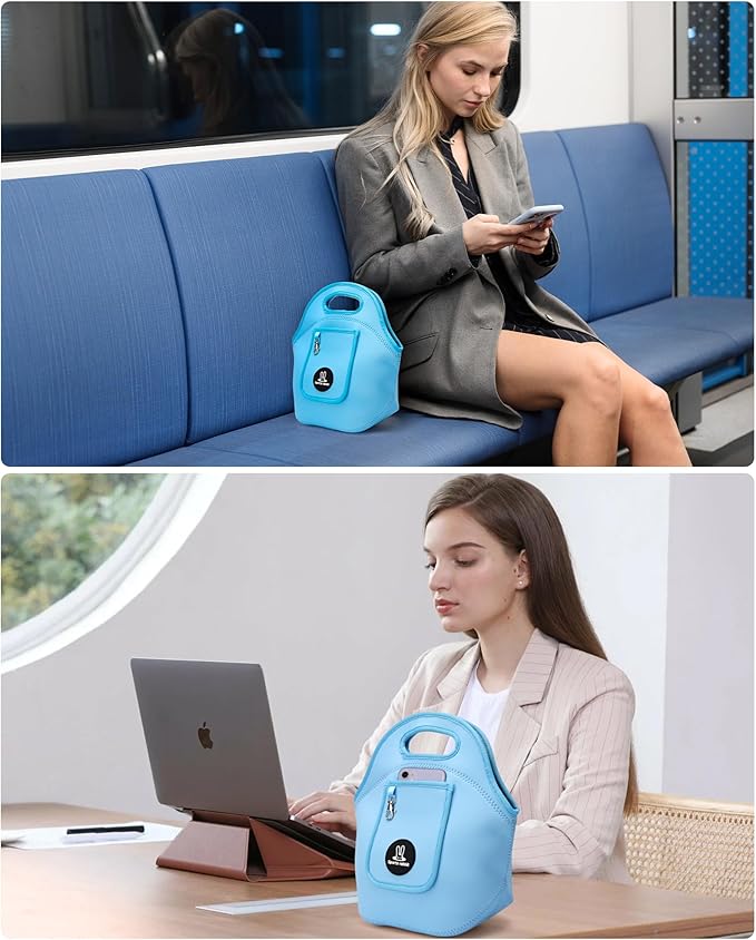 Sports rabbit Neoprene Insulated Lunch Bag for Women - Front Pocket for Phone&Keys - Reusable, Foldable, Lightweight, Waterproof, Easy to Store & Clean - Ideal for Work, Travel & Picnics (blue)