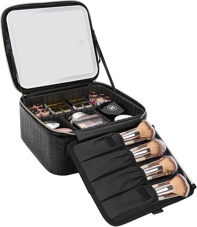 Relavel Makeup Train Case With LED Mirror, Professional Travel Cosmetic Bag with Removable Partitions, Compact Makeup Organizer, Waterproof Toiletry Case for Women, Black