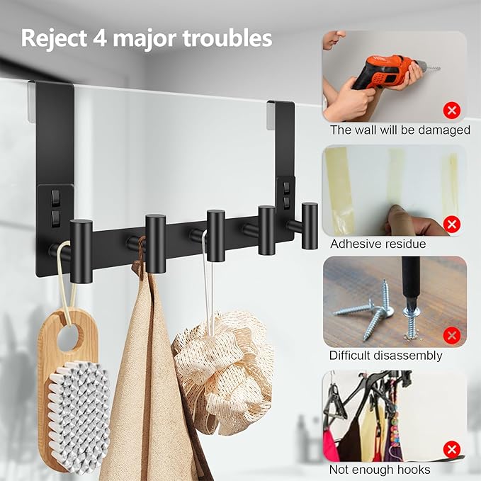 PMMASTO Shower Door Hooks, (7.5 Inch) Extended Towel Hook for Bathroom Frameless Glass Shower Doors, Stainless Steel Heavy Duty Holder for Hanging Robe, Towel (Black 5 T-Hooks-Fits 3/8" Thick Door)