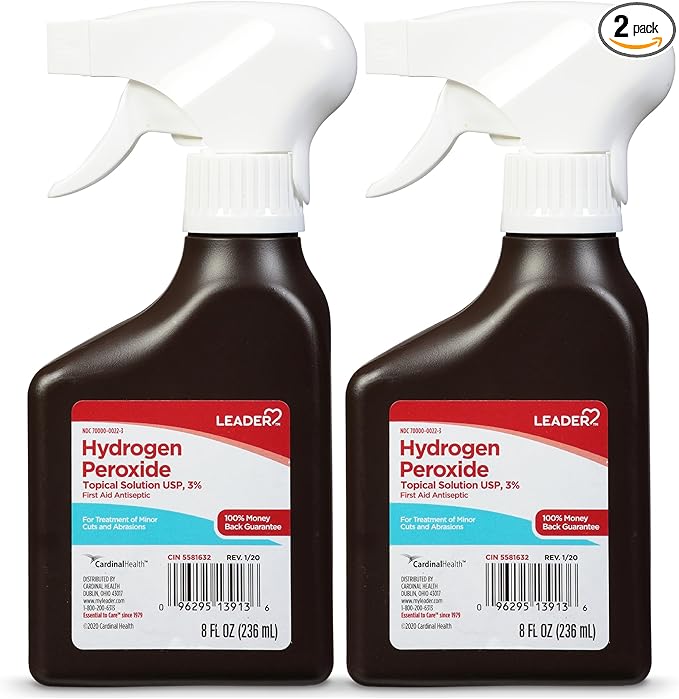Leader Hydrogen Peroxide 3% Topical Solution, First Aid Antiseptic, Multi-Purpose Cleaner, Gentle & Effective Spray for Home, Cuts, and Scrapes, Easy-to-Use, 8 Fl Oz Spray Bottle (2 Pack)