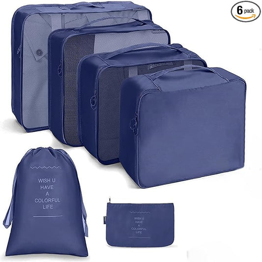 6 Set Packing Cubes for Travel, Luggage Organizers with Shoe & Toiletry Bags, Lightweight Suitcase Organizer for Carry-On, Washable Laundry Bags(Dark Blue)