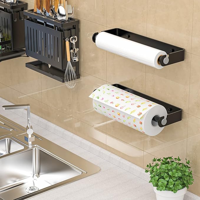 Aheucndg Paper Towel Holder for Kitchen, Wall Mount Paper Towel Holder, for Kitchen or Bathroom Self-Adhesive or Drill Mounting Paper Roll Holder Under Cabinet (Black 2Pack)
