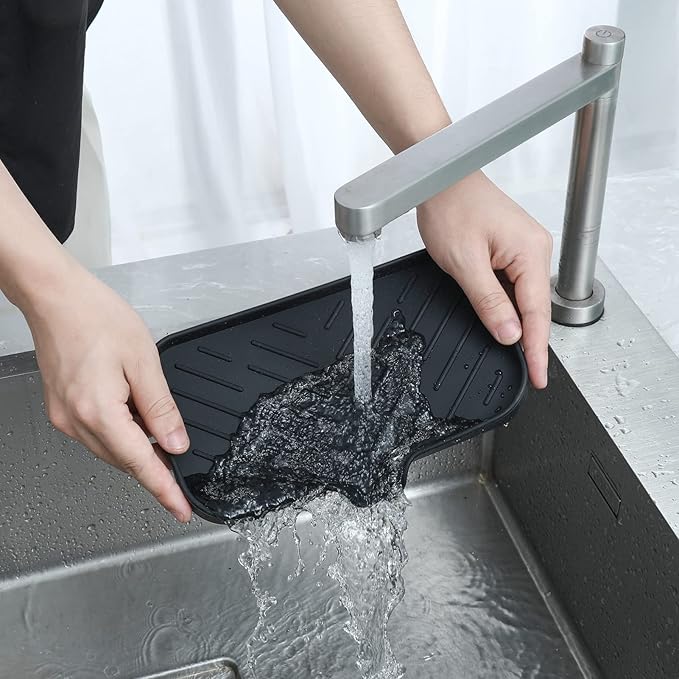 Silicone Bathroom Soap Dishes with Drain Spout-Bathroom and Kitchen Sink Organizer,Sponge Holder,Dish Soap Tray,Perfect for Dispenser,Scrubber,Bottle,Cup on Sink or Counter-Black 9.6"×5.3"