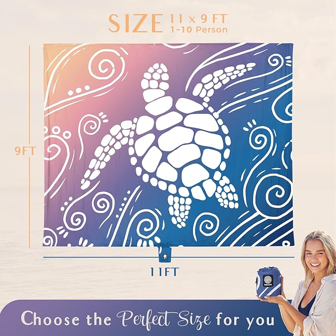 WEKAPO Beach Blanket Waterproof Sandproof Oversized Extra Large Sand Free Beach Mat with Stakes, Storage Bag - Essentials for Outdoor Beach, Picnic (Deep Blue Sea Turtle, 11 X 9 FT (1~10 Person))