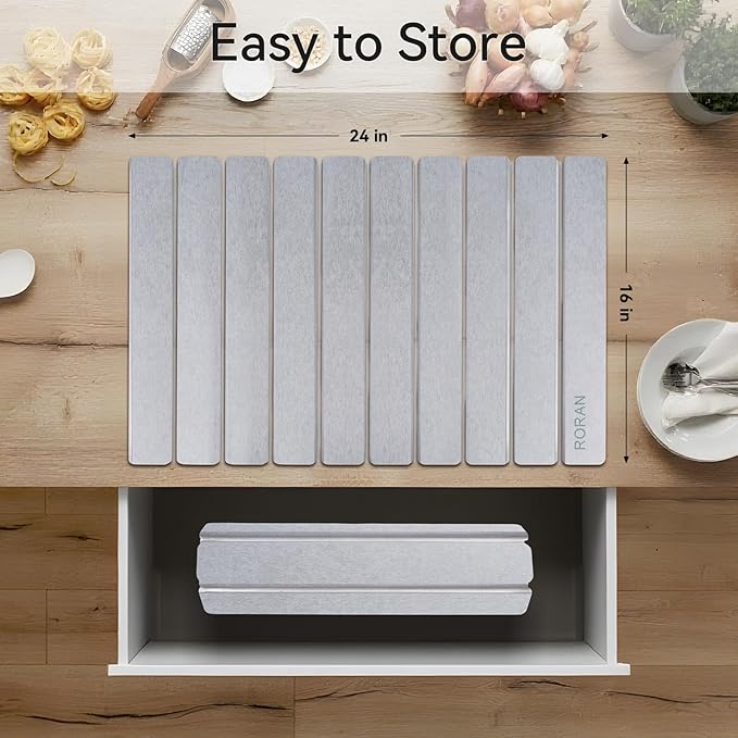Stone Drying Mat for Kitchen Counter, 24"(L)×16"(W), Drying Matt Kitchen Counter, Quick Dry Stone Dishes Mats, Foldable Diatomaceous Earth Mat (Dove Gray)