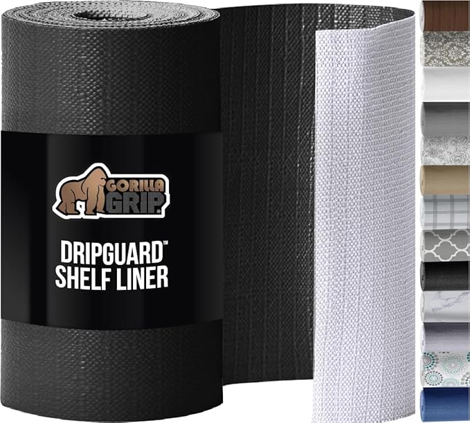 GORILLA GRIP DripGuard Shelf Liner, Non-Adhesive Drawer and Kitchen Cabinet Protector, Strong Grip Slip Resistant Underside, Smooth Surface Liners for Cabinets, Bathroom Closets, 17.5x240 Inch, Black