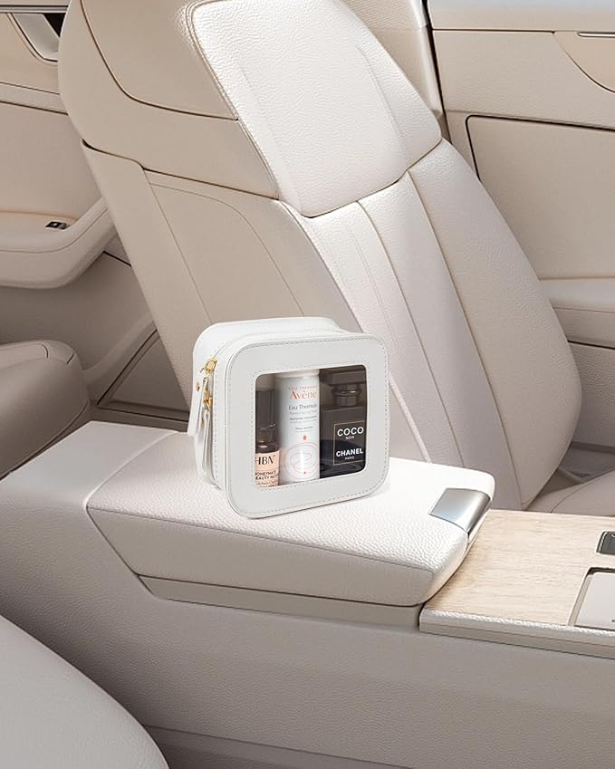 Small Clear Makeup Bag Travel Cosmetic Case Transparent Toiletry Bag with Zipper, Portable Make Up Bag Organizer Traveling Car Accessories for Women(White, Mini)