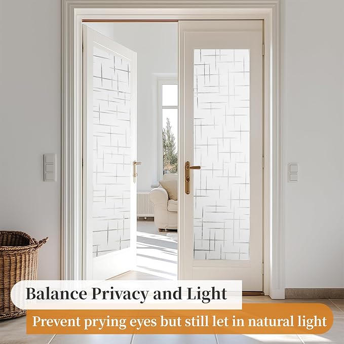 Window Privacy Film Frosted Glass Window Film Decorative, Removable Static Cling Heat Blocking Sun Blocker Front Door Window Covering for Bathroom Home Office (Cross Pattern,35.4" x 78.7")