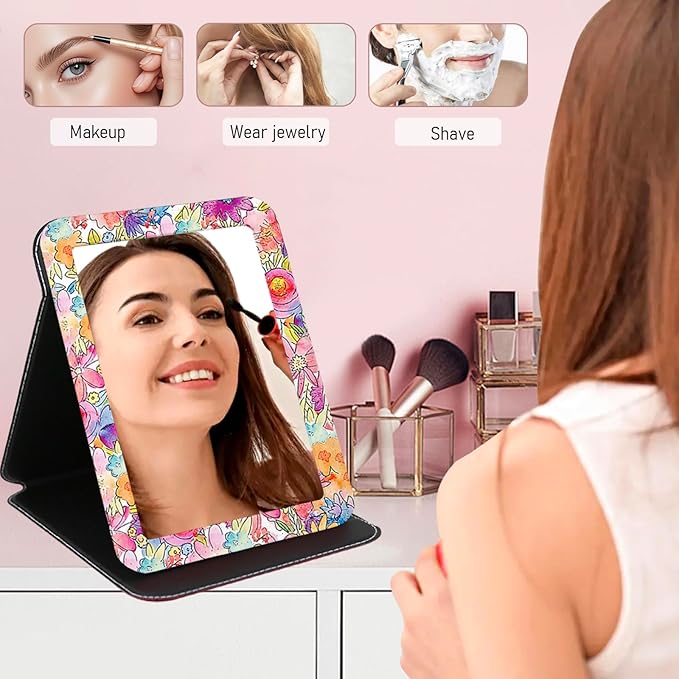 Folding Mirror Portable, Travel Makeup Compact Mirror PU Portable Adjustable Rectangular Vanity Mirror with Stand, for Travel, Camping, Home, Desk, Gifts