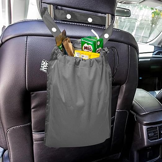 2 Pack Leakproof Car Trash Bags Detachable Waterproof Garbage Bags with Drawstring Hanging Organizer for Back Seat & Travel Grey & Black