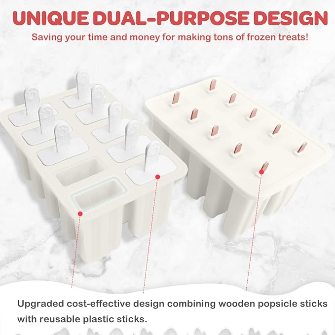 Miaowoof Homemade Popsicle Molds, 10-Cavity Non-BPA Silicone Ice Pop Maker, with 50 Sticks, 50 Bags, 10 Reusable Sticks, Funnel, Brush and Ice Pop Recipe (White)