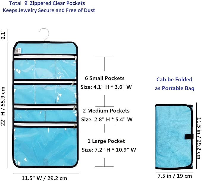 Travel Foldable Jewelry Rolls Bag Hanging Jewelry Organizer with 9 Zippered Clear Pockets Storage Pouch with Rotatable Hanger (BLUE)