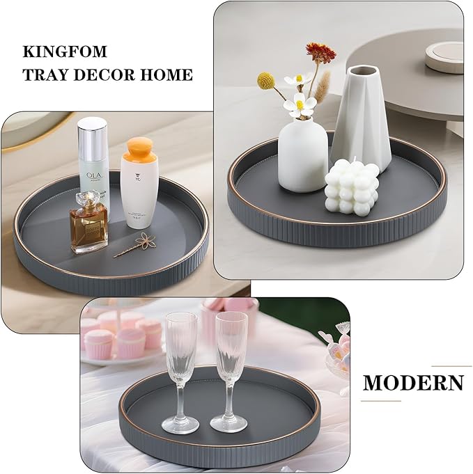 KINGFOM Decorative Serving Tray, PU Leather Valet Nightstand Desk Organizer for Men Women, Round Tray Decor for Coffee Table/Home Decor, Modern Decorative, Centerpiece (Gray)