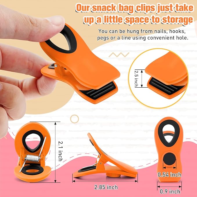 FINDMAG 12 Pack Big Chip Clips, Orange Magnetic Clip for Plants, Edge Clamp, Plastic Snack Clips for Bags, Food Sealing Clip with Magnet for Chips, Snacks, Fridge and Food Organization