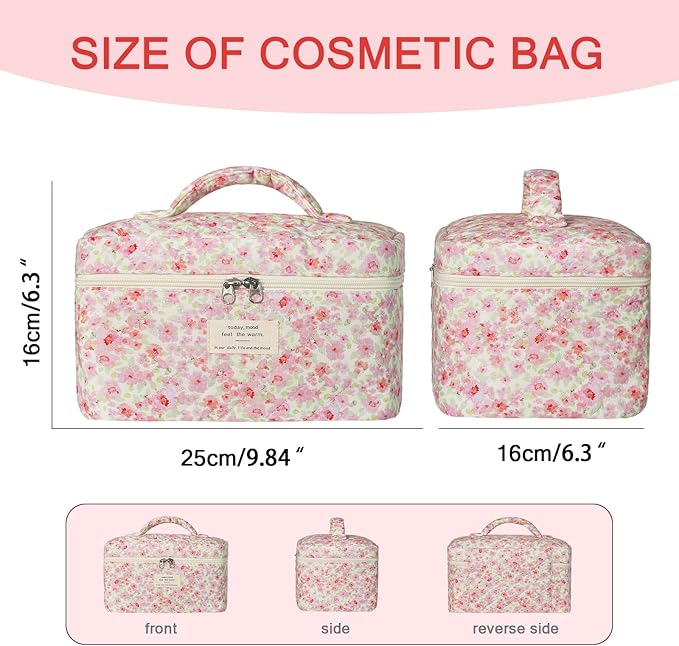 Gosect 1pc Large Makeup Bag, Cute Cosmetic Bag for Women Girls, Floral Coquette Aesthetic Toiletry Bag, Travel Makeup Organizer Bag (Pink Floral Print)