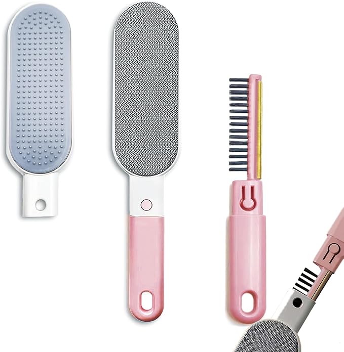 VrythosNex 4-in-1 Pet Hair Remover for Couch, Car, Furniture, Carpet - Portable Dog Cat Fur Hair Removal Tool with Detachable Brush, Lint Brush, Fabric Shaver, Crevice Tool (Pink)