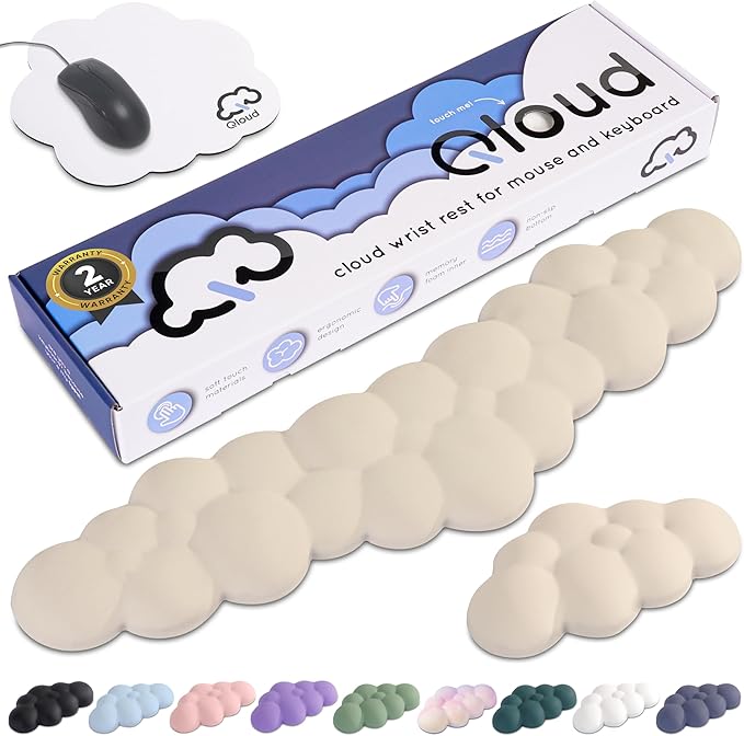 Qloud Cloud Wrist Rest Keyboard Wrist Rest for Computer Keyboard Pad, Cloud Keyboard Wrist Rest, Wrist Pad for Keyboard, Memory Foam, Non-Slip Base, Comes with Mouse Pad - Beige