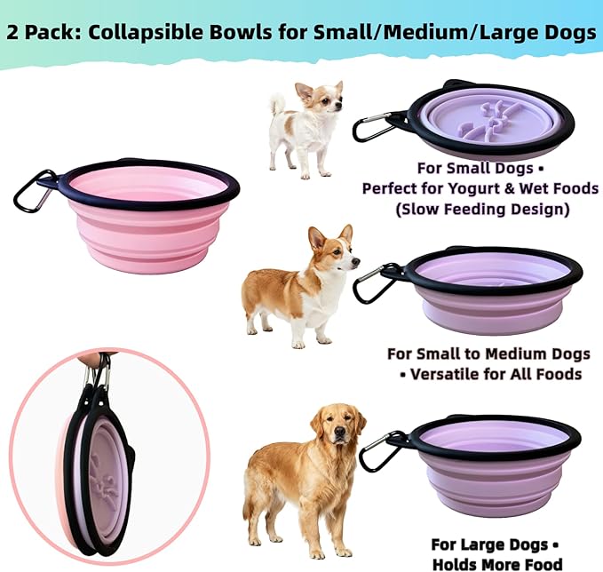 2 Pack Silicone Travel Dog Bowls, Slow Feeder Anti-Gulping, 25oz Collapsible Portable Water & Food Bowls for Medium & Large Dogs, Pet Camping Essentials (Pink/Purple)