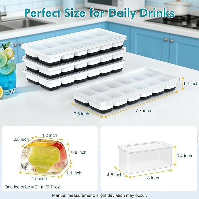 NFK Ice Cube Tray with Lid & Bin - 4 Pack 48 Cubes Stackable Silicone Trays for Freezer with Storage Container, Leak-Proof Lids, BPA-Free, Easy Release for Kitchen, RV, Party, Cocktail & Coffee