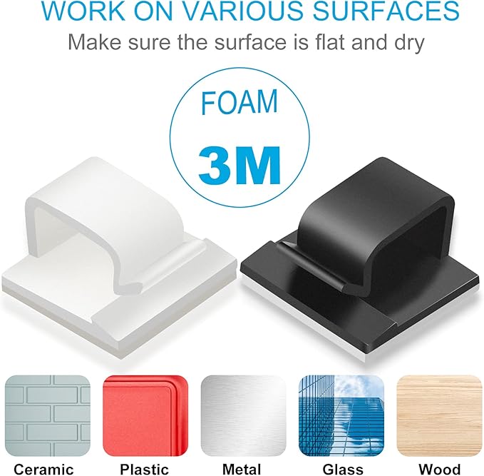 100 PCS Adhesive Cable Clips Black (Small & Large), Upgraded Wire Holder for Wall Cord Organizer Cable Management Under Desk, Outdoor Light Clips Hooks for LED, Car Dash Cam, HDMI, Extension Cord